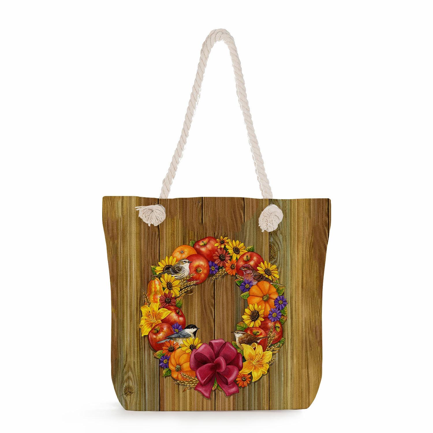 Flower Bird print thick rope single-shoulder beach bag 7272
