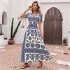 European and American fashion vacation dress V-neck short-sleeved long dress waist hollow lace-up dress