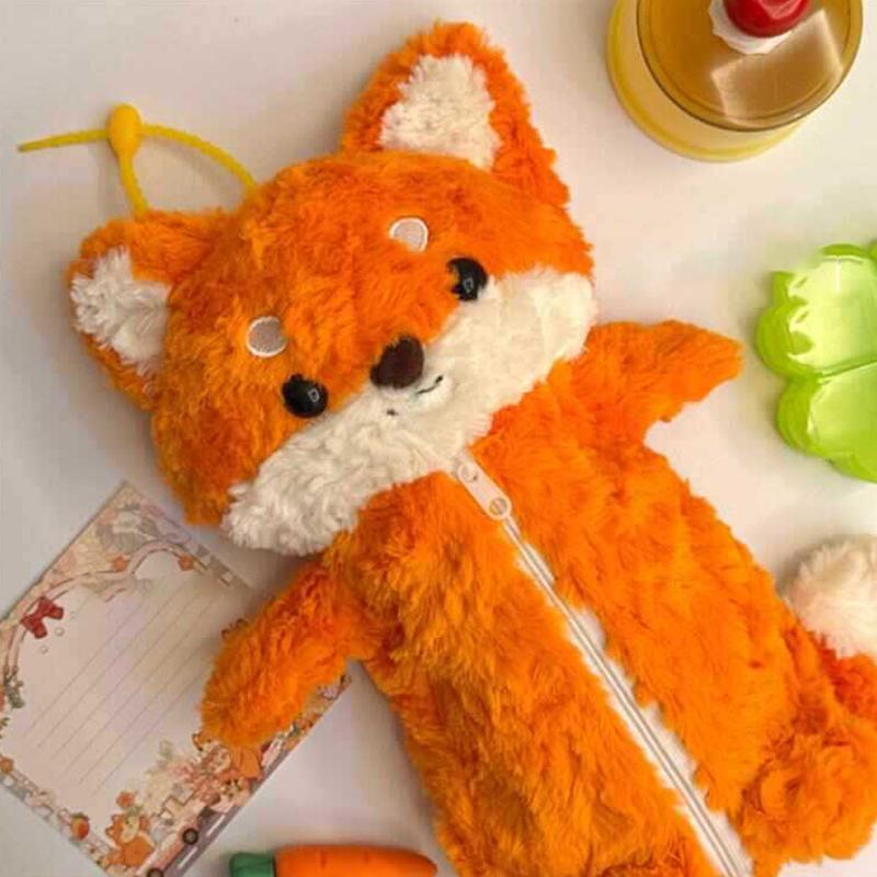 Cute Plush Pen Bag Cartoon Fox Doll Pencil Case Large Capacity Stationery Organizer Students