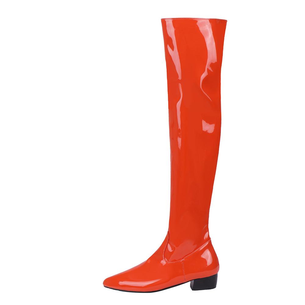 Women Candy Colour Over the Knee Boots Wide Calf Size 31~48 Chunky Low Heel Pointy Toe Patent Leather Comfortable Boot Zip Shoes