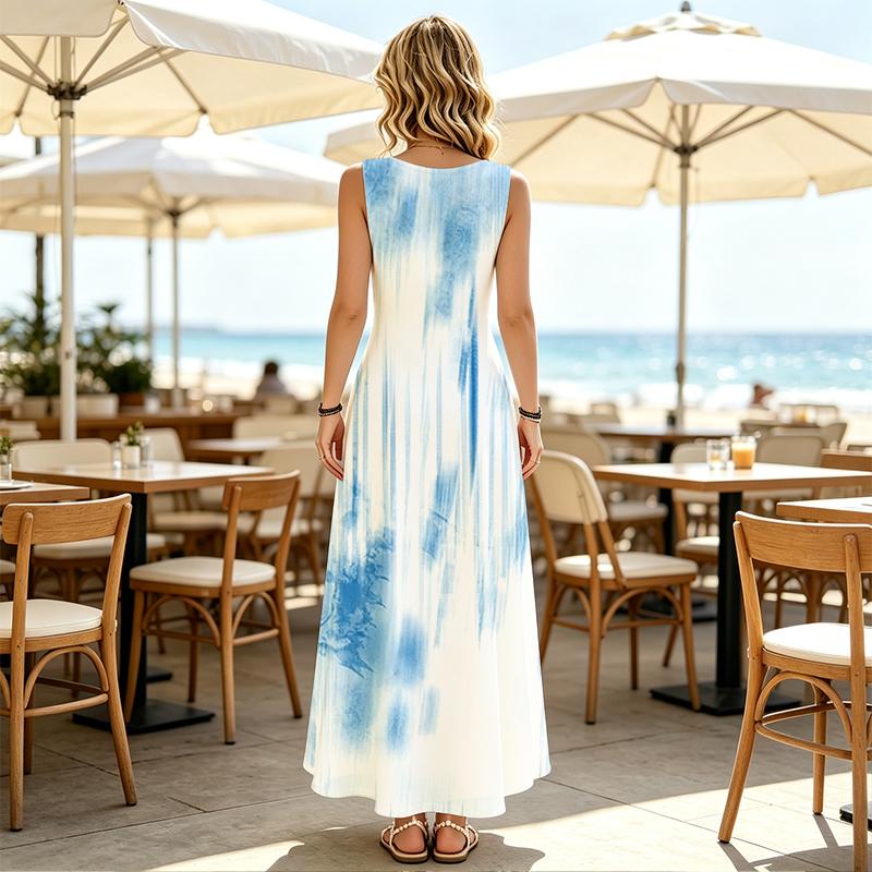 Coastal Resort Long Dress,Sleeveless Light Blue Gradient Tie Dye Pattern U Neck Sundress