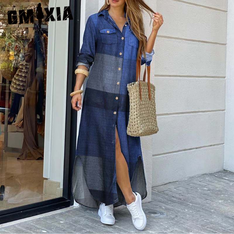 GMXIA Women's Fashion Summer Spring Floral Print Long Sleeve POLO Neck Loose Casual Dresses