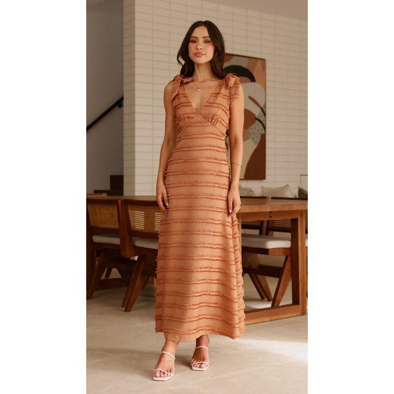 

Summer Fashion French Style Retro Gentle Style Elegant V-neck Texture Dress-68651 Caramel S