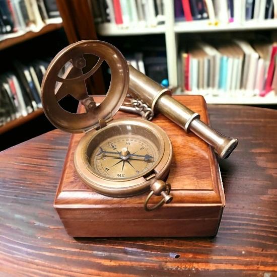 Brass compass with telescope keyring in box , Engraved, Custom, Customized  Great Christmas Anniversary gift