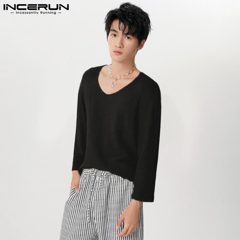 

INCERUN Весенние мужские вафельные топы с длинным рукавом и V-образным вырезом, свободные пуловеры 5XL чёрный