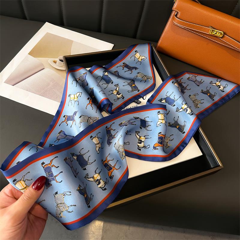 147x14cm Elegant Horse Print Scarf Graphic Ribbon Women Cozy Imitation Silk Scarf Versatile Neckerchief Length Fashion Headband
