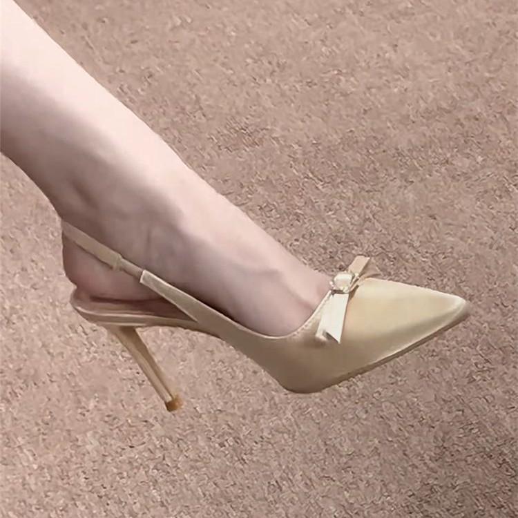2025 New Pointed Bow French Bag Head Sandals Temperament Beautiful Single Shoes Champagne High Heels Women's Stiletto