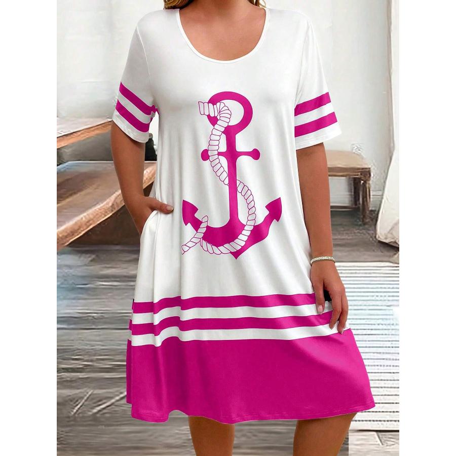 Women Summer O Neck Short Sleeve 3D Print Midi Dress S
