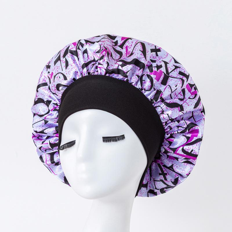 European American Print Satin Sleep Cap - Wide Brim Silky Hair Protection Hat for Women