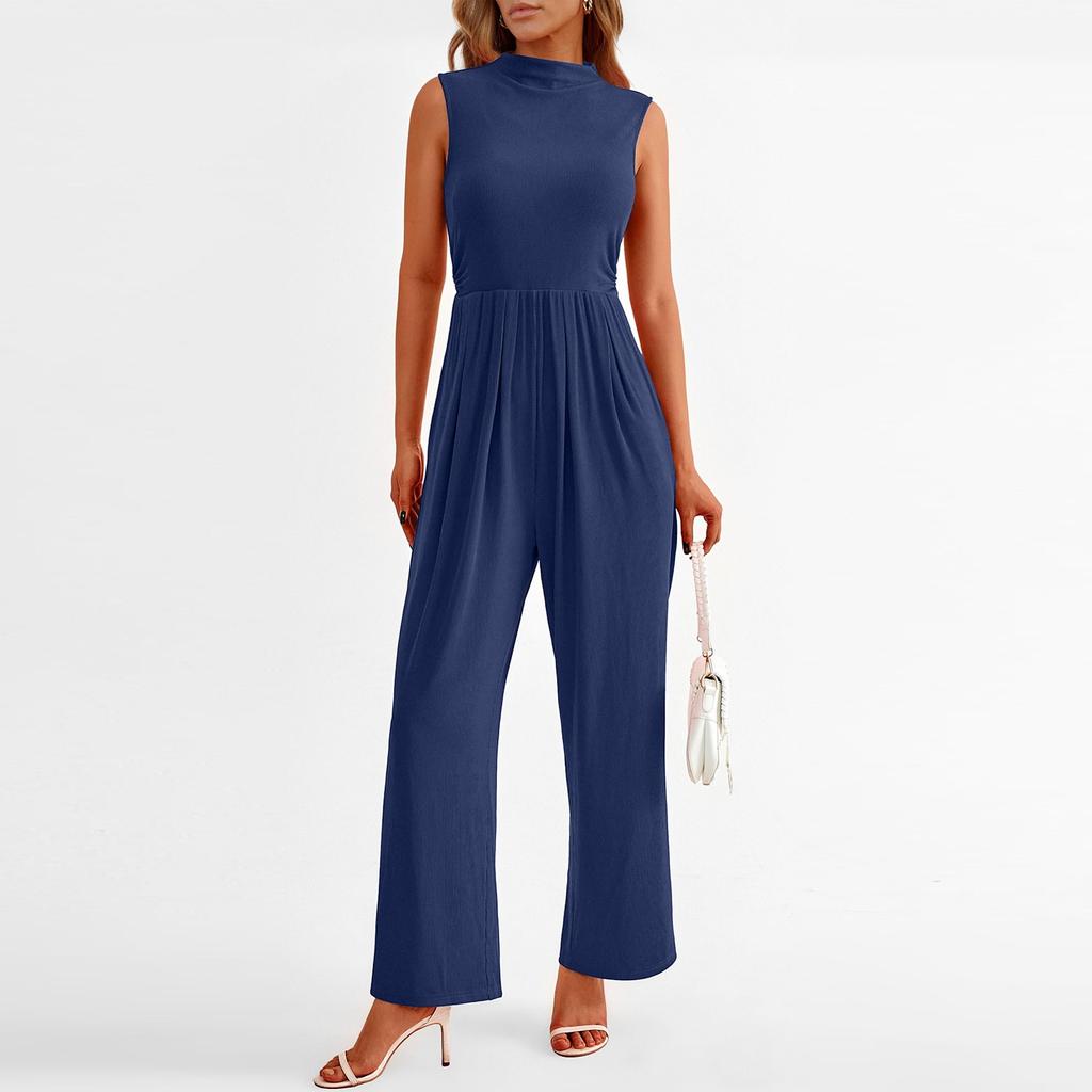 Dámský letní módní jednobarevný overal s vysokým krkem a širokými nohavicemi