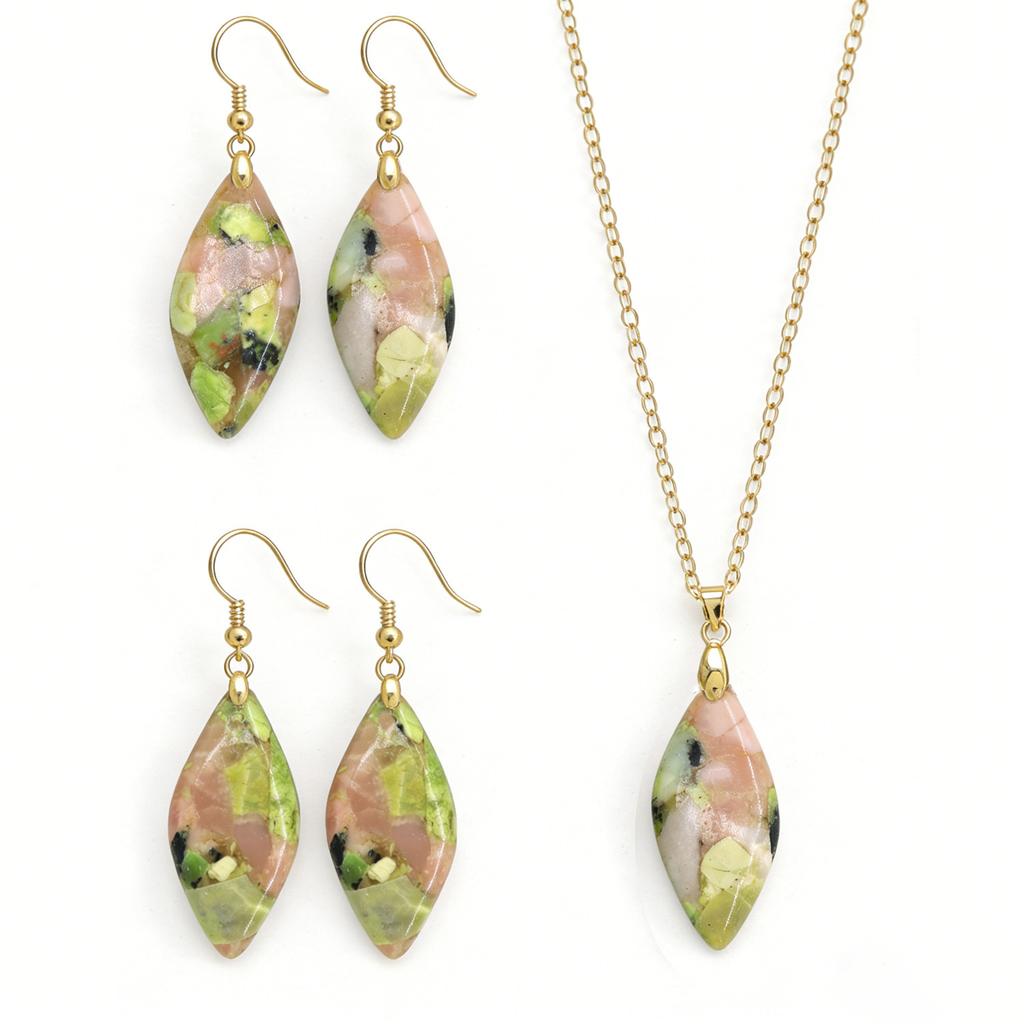 Exclusive Natural Stone Plated 18K Real Gold Chain Pendant Necklace Earrings Jewelry