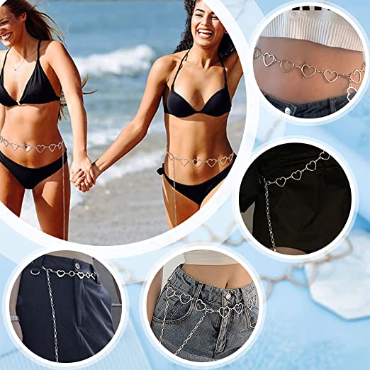 Women Metal Waist Chain, Heart & Flower Hollow Chain Belt, Adjustable Alloy Waistband with Ball Pendant for Dress Jeans