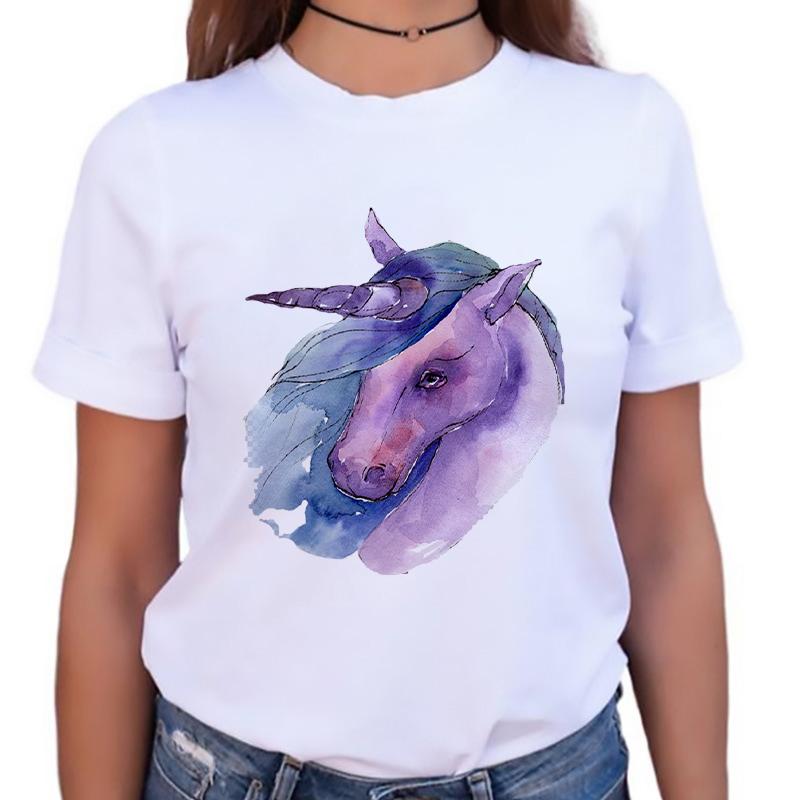 Womens Tshirt Stylish O-Neck Short Sleeve Cartoon Horse Simple Female Tee Tshirts Summer Clothes White Tops 90S Female T Shirt