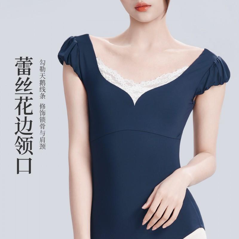 Womens Short Sleeve V-Neck Ballet Leotard With Lace Trim Dance Training Yoga Gymnastics