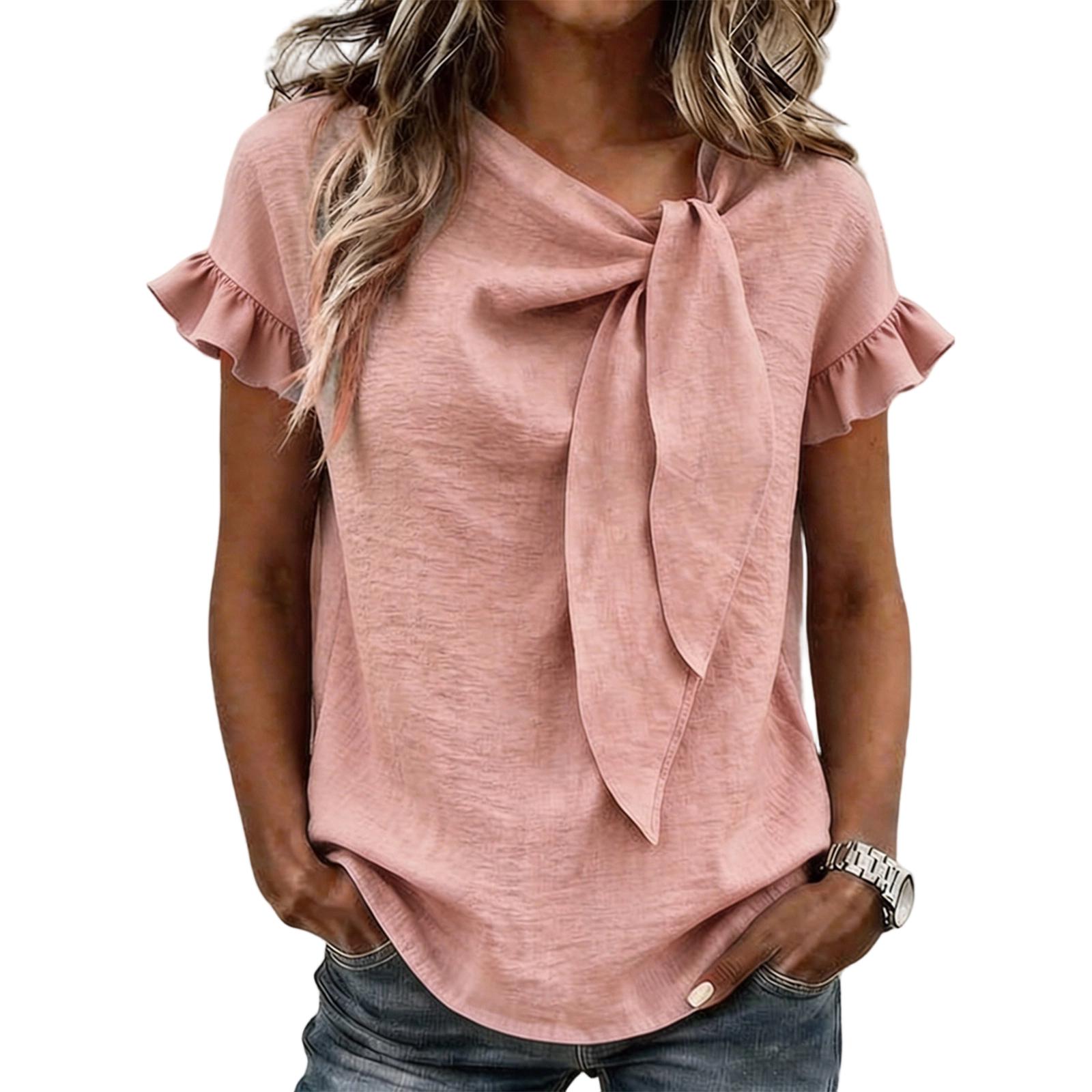 

Women Short Sleeve Blouse with Ruffle Sleeves and Front Tie Knot Casual Loose Fit Top for Daily Wear M розовый