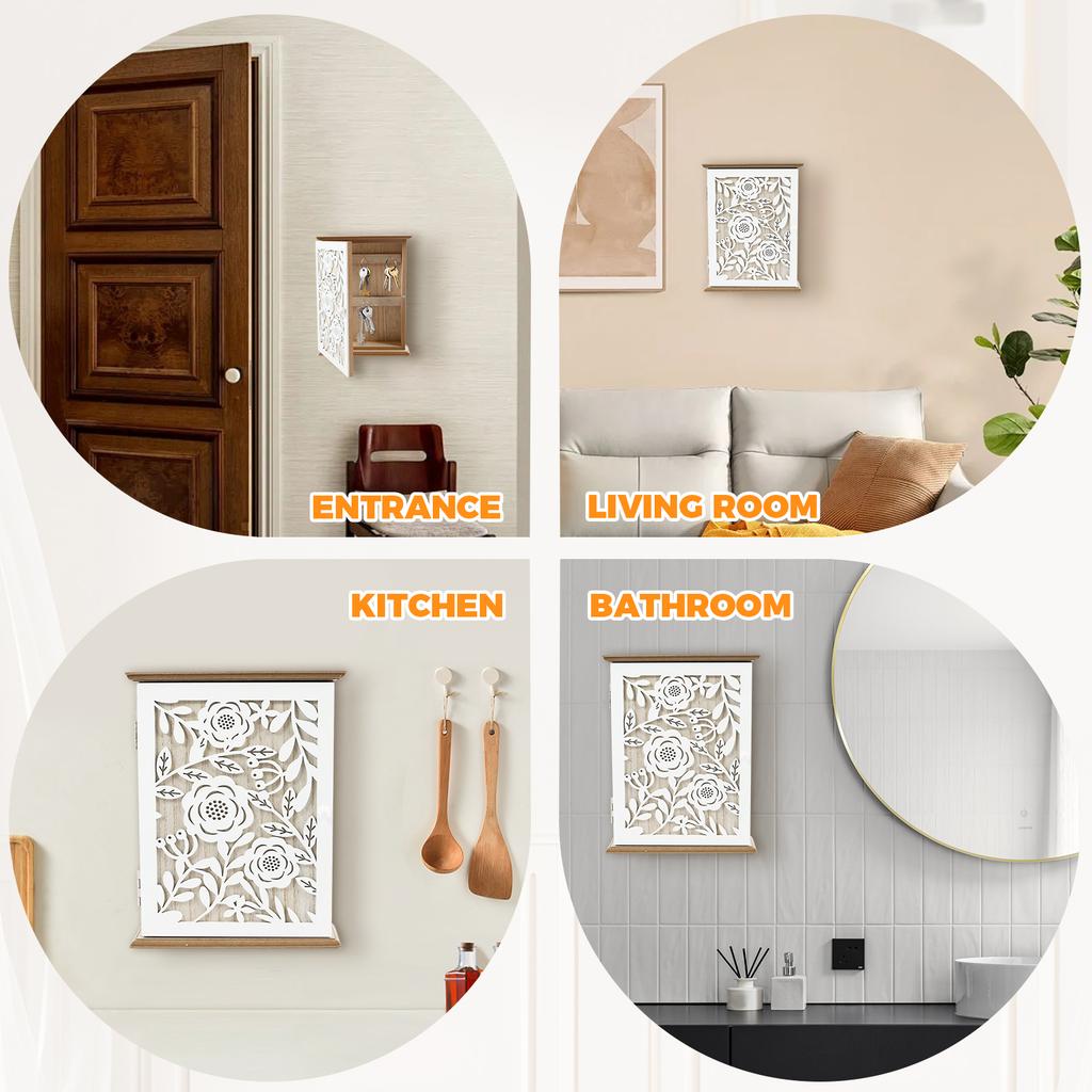 Wood Key Box Decorative Wall Key Holder with 6 Key Hooks Practical Wood Key Cabinet Multifunctional Wood Key Holder Box Doorway