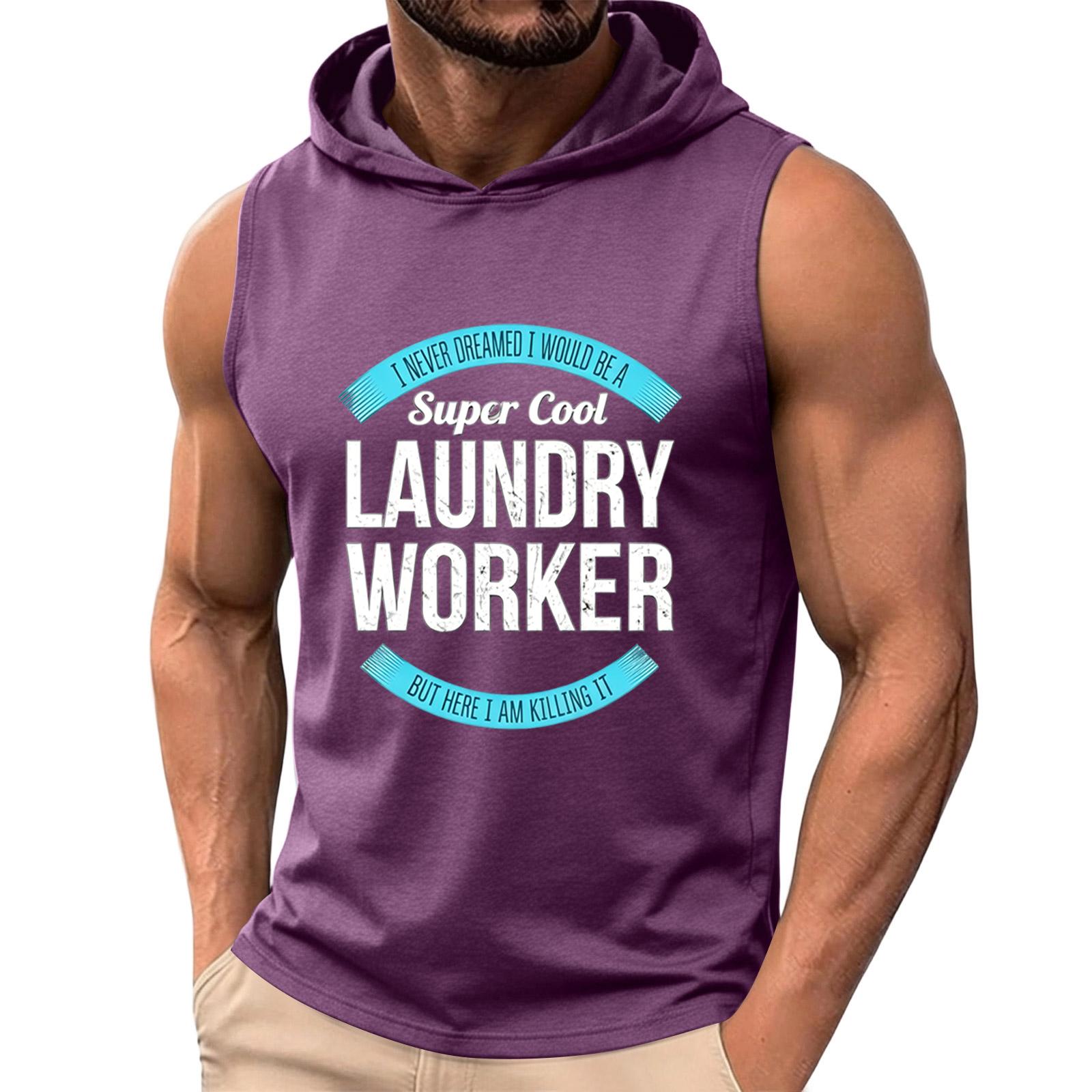 

Men s Sleeveless Hooded Tank Top Lightweight Casual Pullover Hoodie with Printed Laundry Worker Graphic for Labor Day L фіолетовий