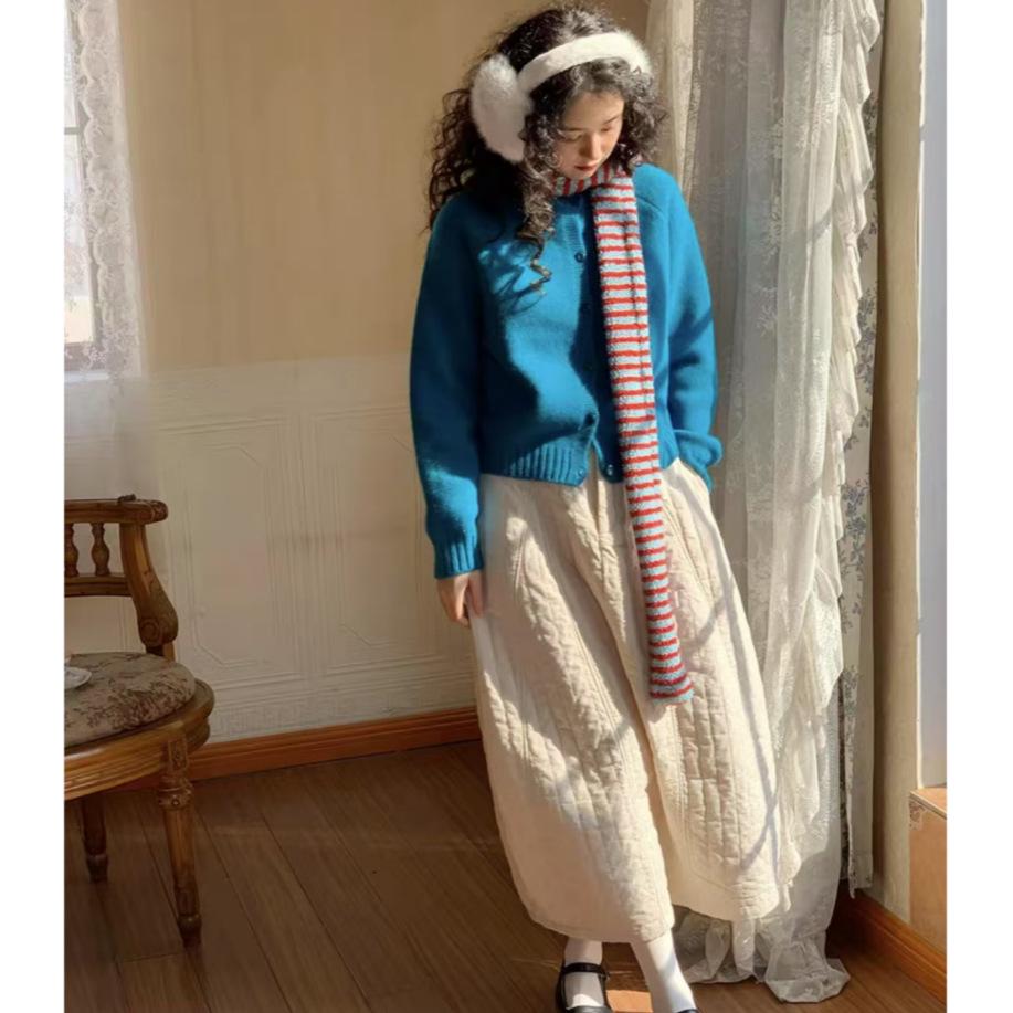 Japanese-Style Quilted Midi Skirt: Retro, Loose, Bud-Shaped Design for Autumn and Winter