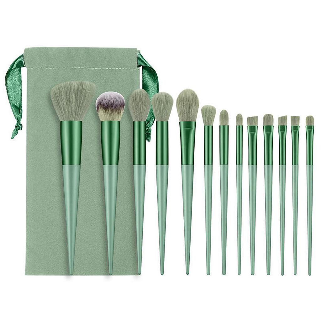 13-Piece Four-Season Green Makeup Brush Set: Soft Eyeshadow, Loose Powder, Blush, Concealer & Portable Brushes.