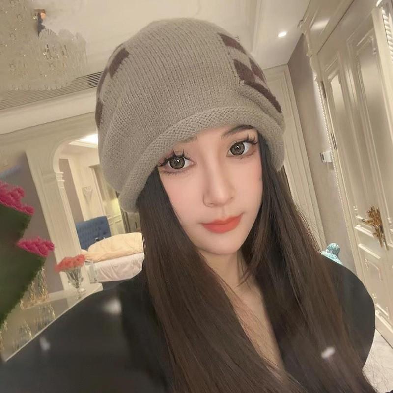 Big Head Circumference Drawstring Knitted Stacking Hat Women's Curled Edge Pullover Cold Hat Showing Face Small Bag Head Confinement Hat