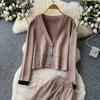 Winter Strickwaren Damen Anzüge Langarm Diamantknöpfe Oberteile+Freizeithosen mit weitem Bein Locker Warme Pullover-Sets