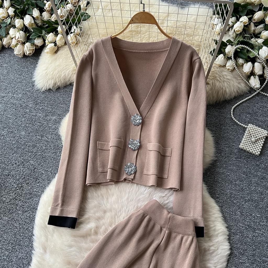 Winter Strickwaren Damen Anzüge Langarm Diamantknöpfe Oberteile+Freizeithosen mit weitem Bein Locker Warme Pullover-Sets