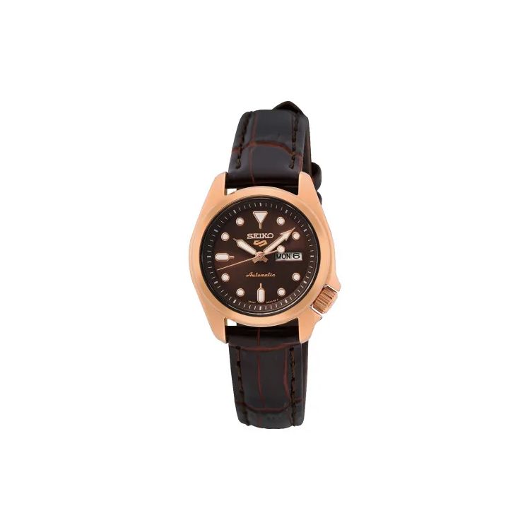 Seiko 5 Series 100 M Waterproof Automatic Mechanical Movement Leather Strap Watch Women watches Brown SRE006K1