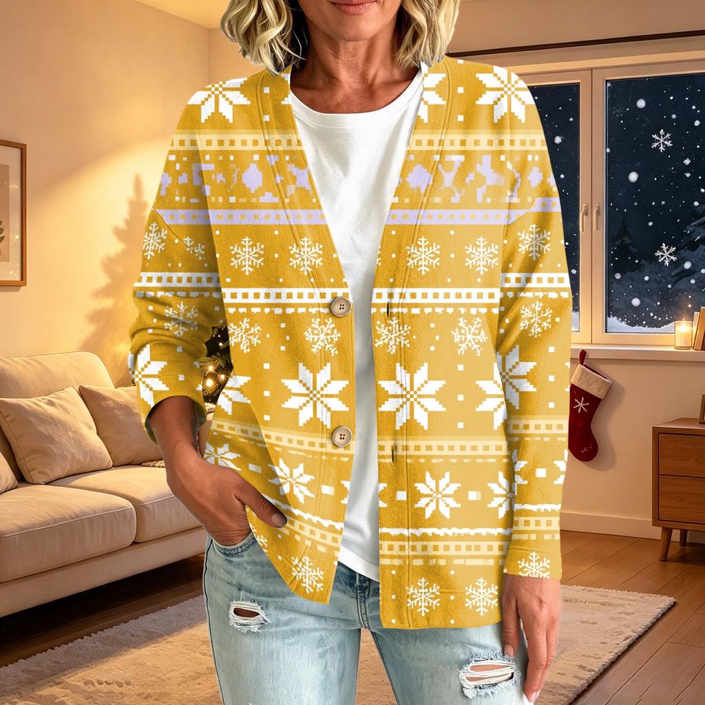 Damen Casual Knopfleistenjacke mit Weihnachtsdruck für festliche Feiertage