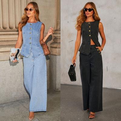 European And American Temperament Button Sleeveless Vest Wide-leg Jeans Denim Jacket