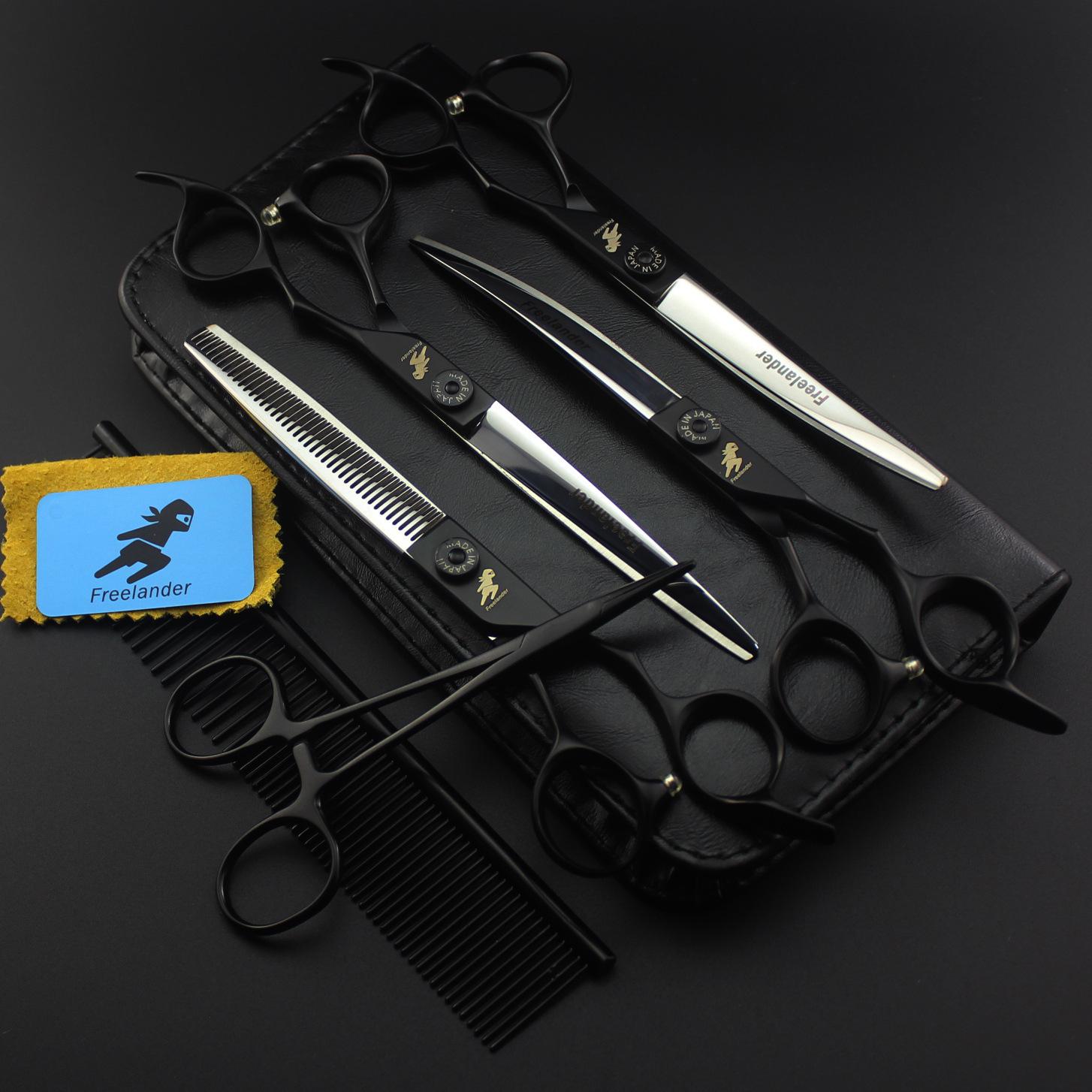 7-Inch Black Handle Pet Grooming Scissors Set: Includes Straight, Bent, Tooth Scissors & Grooming Comb (4 Pieces) 7.0-inch Black Handle 4-piece Set (Close Tooth)