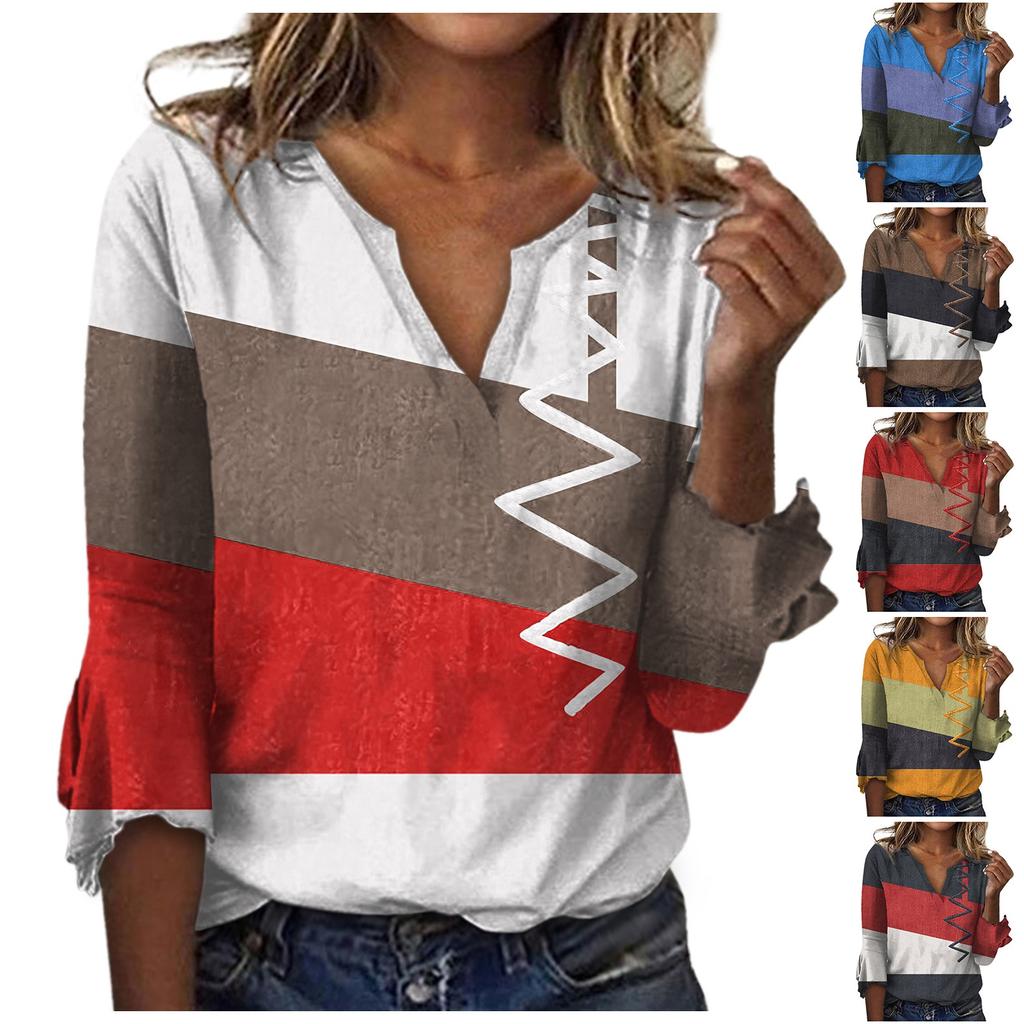 Damenmode V-Ausschnitt Druck 3/4 Ärmel Druck T-Shirt Slim Top Lässige Oberteile