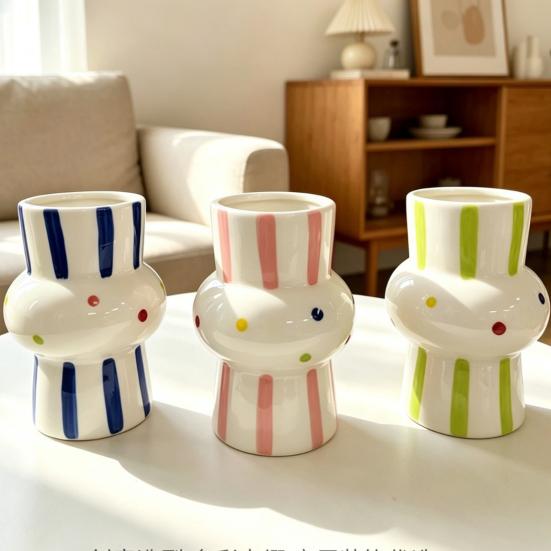 Ceramic Vase Hand Painted Striped Polka Dot Flower Vase Gourd Shape Vase for Fresh And Dried Flowers Home
