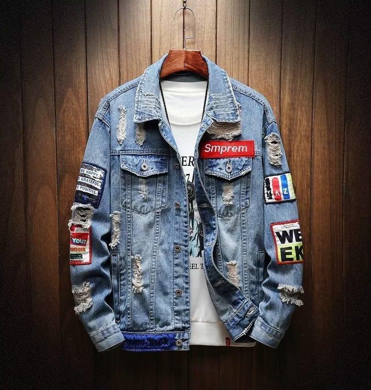 Pánská trendy evropská streetwearová volná džínová bunda s distressed designem na jaro a podzim