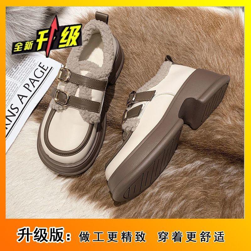 French fluffy shoes platform fluffy new small leather shoes British velvet loafers cotton shoes 40