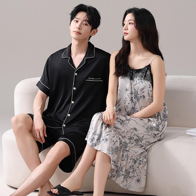 Couple Pajamas Summer Ice Silk Short Sleeves Thin Cool Type One Man and One Woman Suspender Nightdress Sexy Silk Loungewear