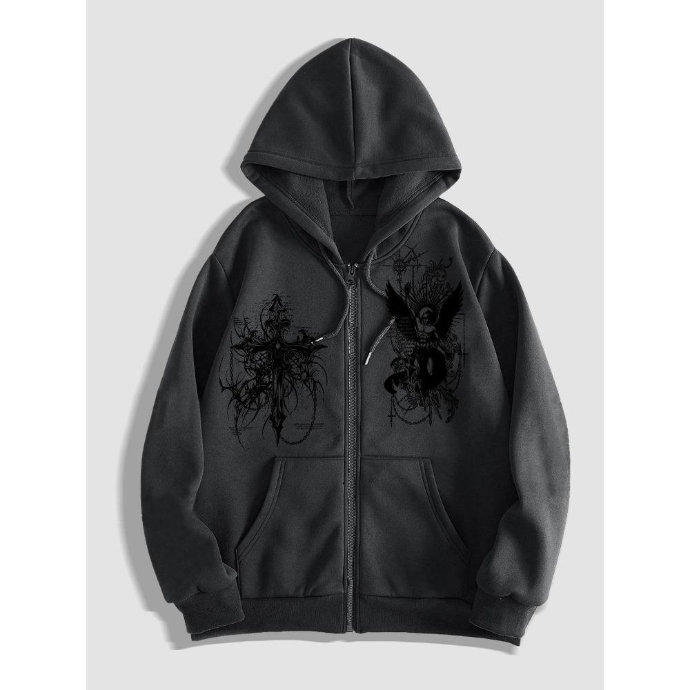 Herrs Huvtröja med Dragkedja och Mörkt Änglatryck, det Perfekta Valet för Avslappnad Streetwear och Trendiga Kläder