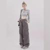 2024 Hong Kong-Style High-Waisted Slim Retro Overalls with Cuffed Design - Loose Fit Straight Pants for Spring and Fall