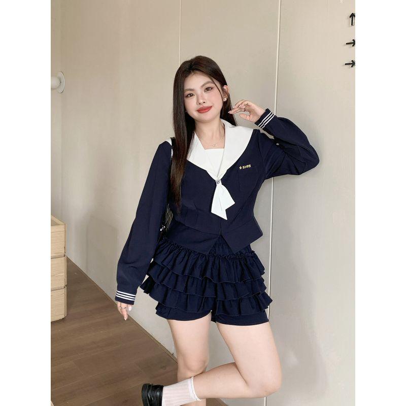 Achai's Plus size JK Original Preppy Sailor Collar Sailor Suit Slimming Versatile Cake Skirt Short dress Set Summer