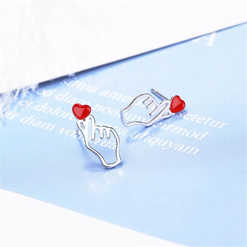 Neue Kreative Rote Liebe Hand 925 Sterlingsilber Schmuck Mode Exquisite Herzförmige Persönlichkeit Geste Ohrstecker Xze021