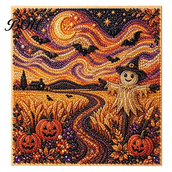 Jesienna Dekoracja Świąteczna Halloween Sztuczna Perła Artystyczna Zestaw DIY, Zestaw Rękodzieła Haftu Koralikowego 3D, Straszny Ręcznie Robiony Duch Dynia Koza Wiedźma Sztuka na Ścianę, Sezonowy