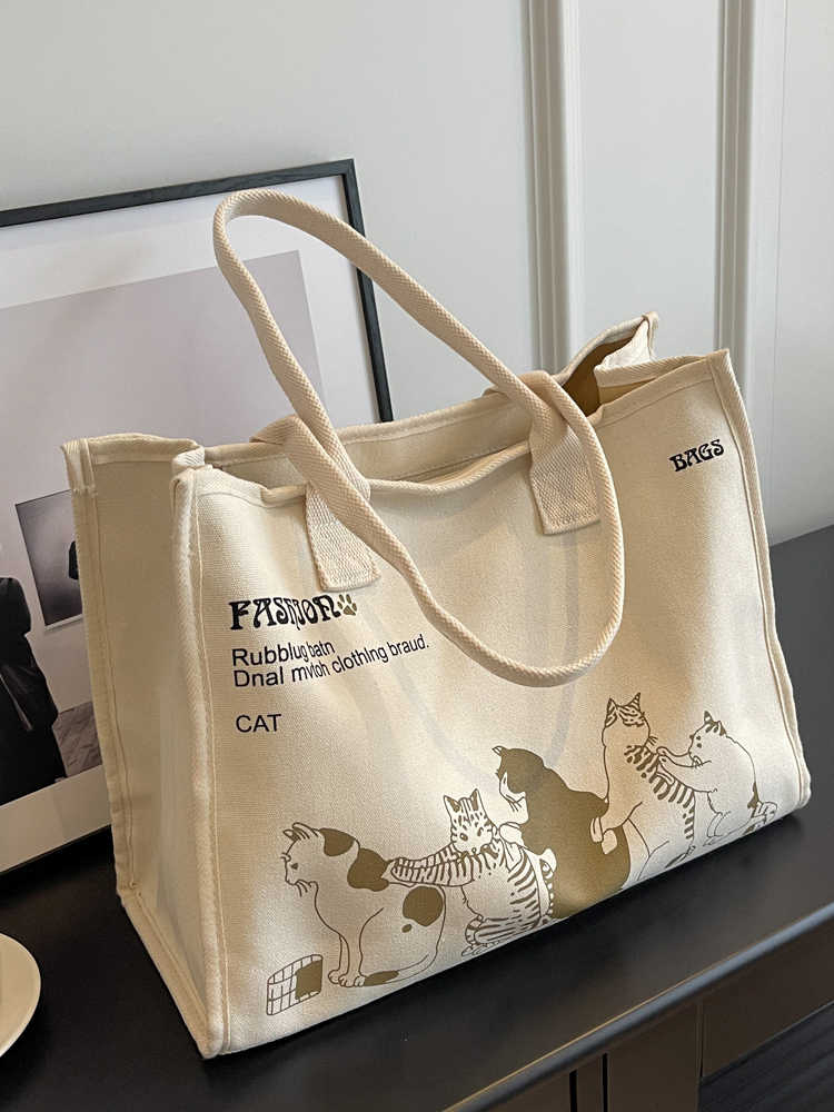 Sac Cabas en Toile Carto Cat Décontracté Simple Étudiant Voyage Sacs à Main Coréen Grande Capacité Femme Trajet Quotidien Sac à Bandoulière Unique