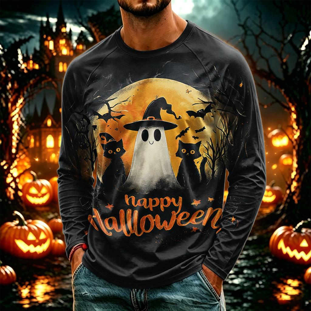 Men's Halloween Printed Long Sleeve T-Shirt, Lightweight Casual Crewneck Top