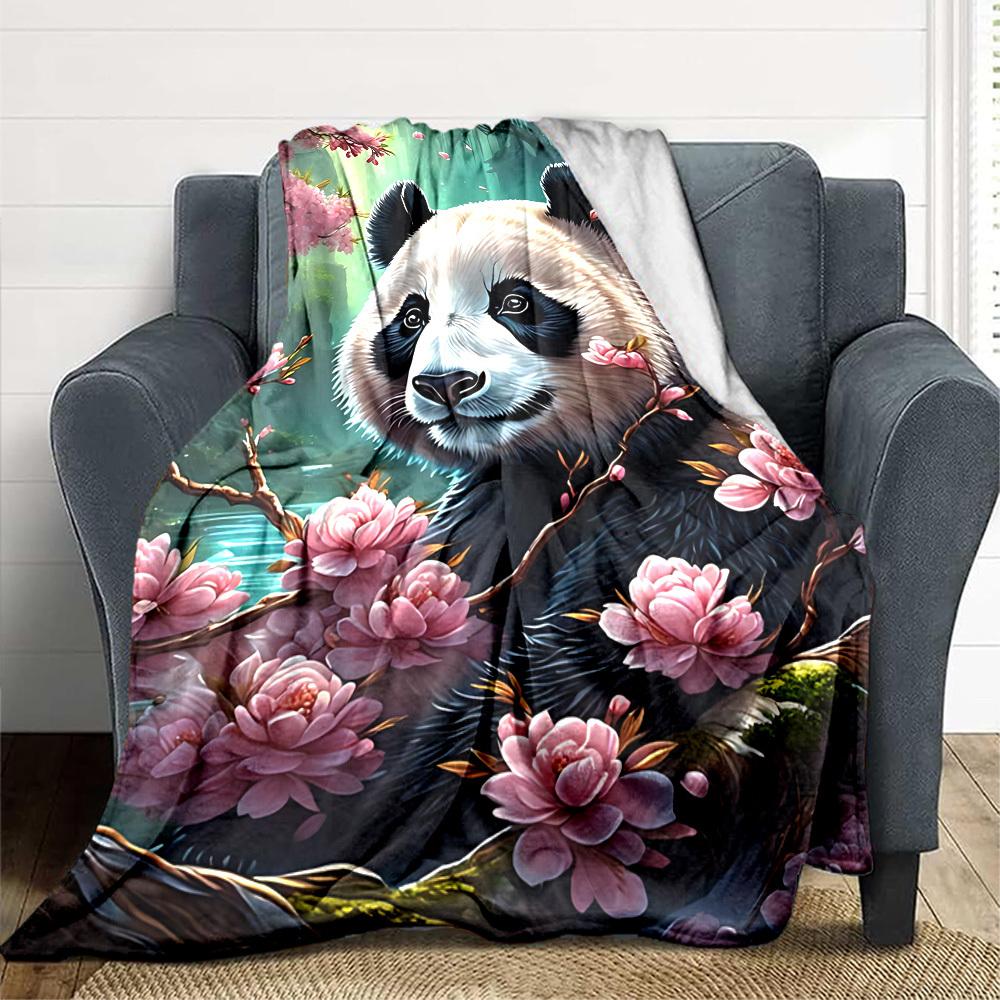 1pc Panda, Cherry Blossom Blanket Lightweight Blanket Throw Blanket For Sofa, Bed, Travel, Camping, Livingroom, Office, Couch, Chair yy251010099