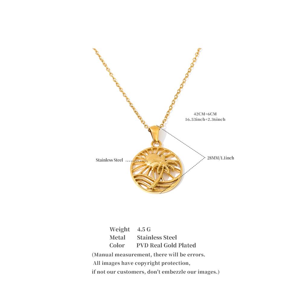 Yhpup Summer Stainless Steel Sun Coconut Tree Round Pendant Necklace Water Resistant Trendy Holiday Jewelry for Women
