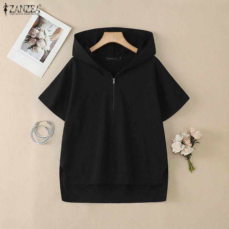 ZANZEA Damen Kapuze Einfarbig Kurzarm Reißverschluss High-Low Bluse T-Shirts