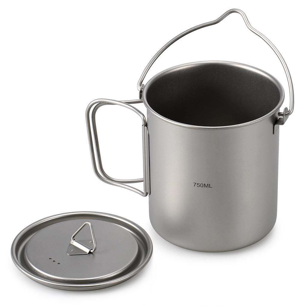Ultraleichter 750ml Titan Topf Tragbarer Titan Wasserbecher Tasse mit Deckel und Klappgriff Outdoor Camping Kochen