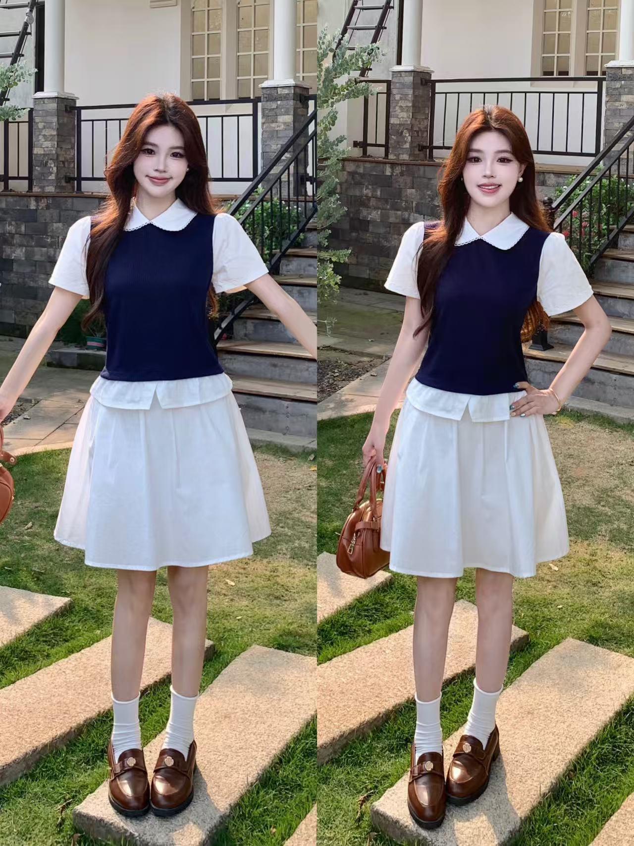 

Korean Style Plus Size Color Block Knit Top & High Waist Midi Skirt Set 3XL