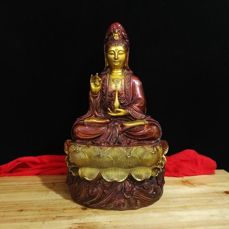 Style Full Color Painted Copper Home Decor Craft Ornament South Sea Lotus Guanyin Buddha Statue Decoration