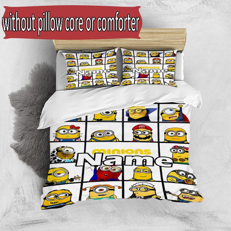 3pcs Duvet Cover Set (1*Duvet Cover + 2*Pillowcase, Without Core), Custom Name Minions Pattern Bedding Set, Home Bedroom Decor Gift