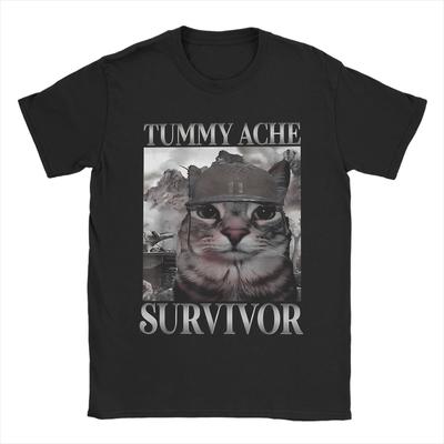 Tummy Ache Survivor Cat Meme Funny Saying Cats Animal T Shirt Summer T-Shirts 100 Cotton Trending Tee Shirt For Couple Clothes